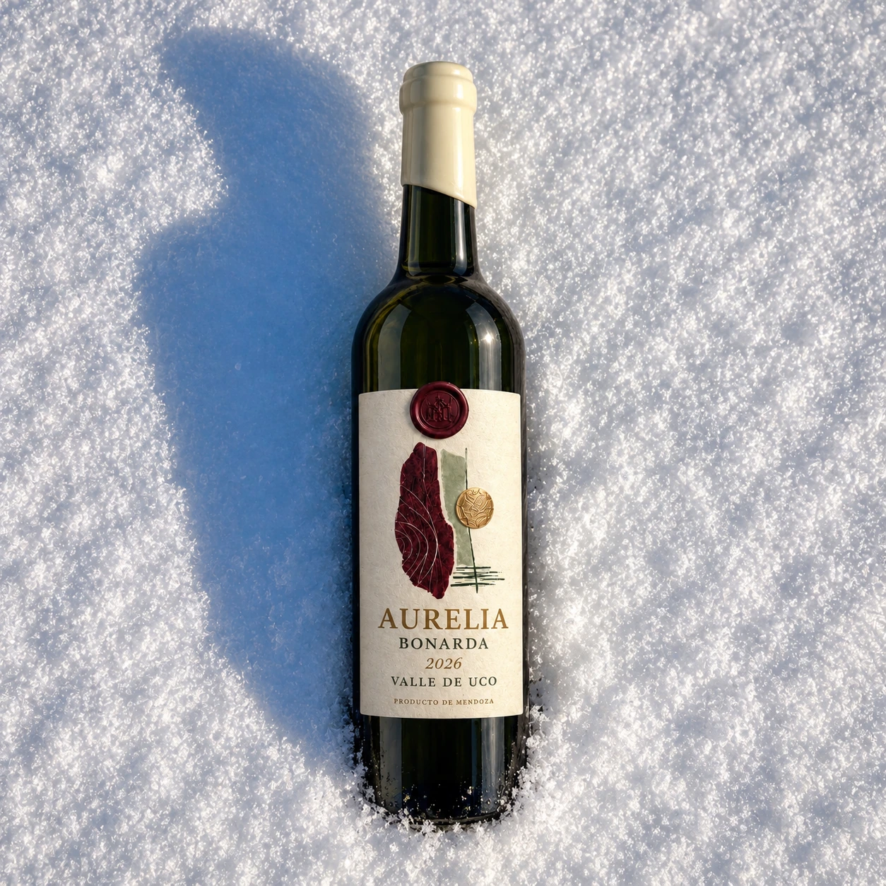 Botella completa de Aurelia Bonarda sobre la nieve