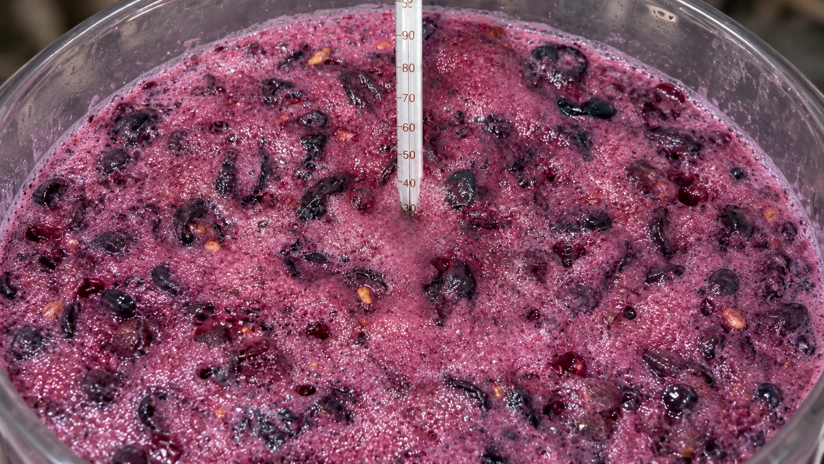 Mosto de uva en fermentación durante el proceso de elaboración de Huantay